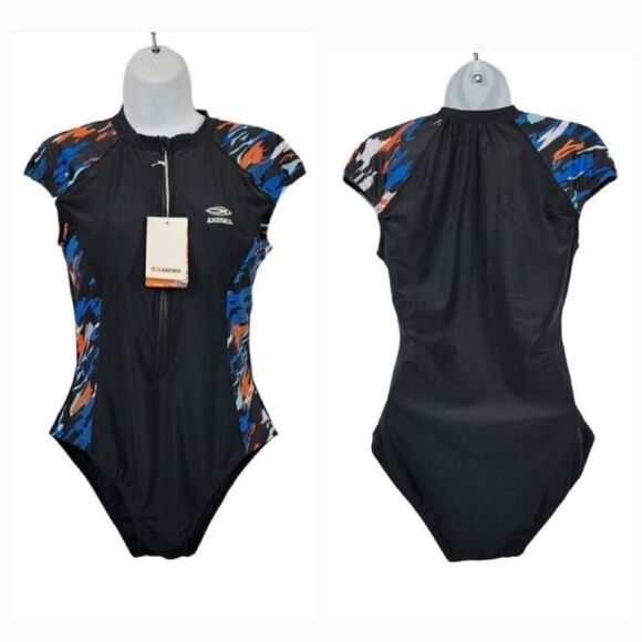 NEW Axesea Tide Front Zipper Retro One Piece Swimsuit in Sun Song Black Size 12 - Picture 10 of 11